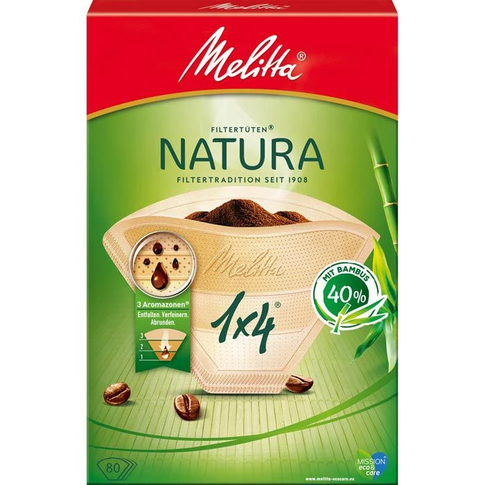 Melitta Filtertüten Natura 1x4, Größe 4, Zellstoff / Bambus, Naturbraun, 80 Stück
